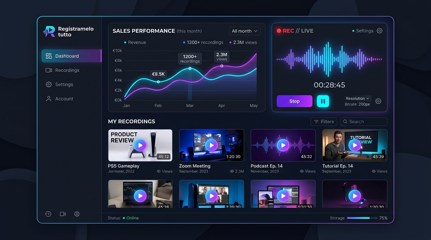 Dashboard di Registramelo Tutto in esecuzione